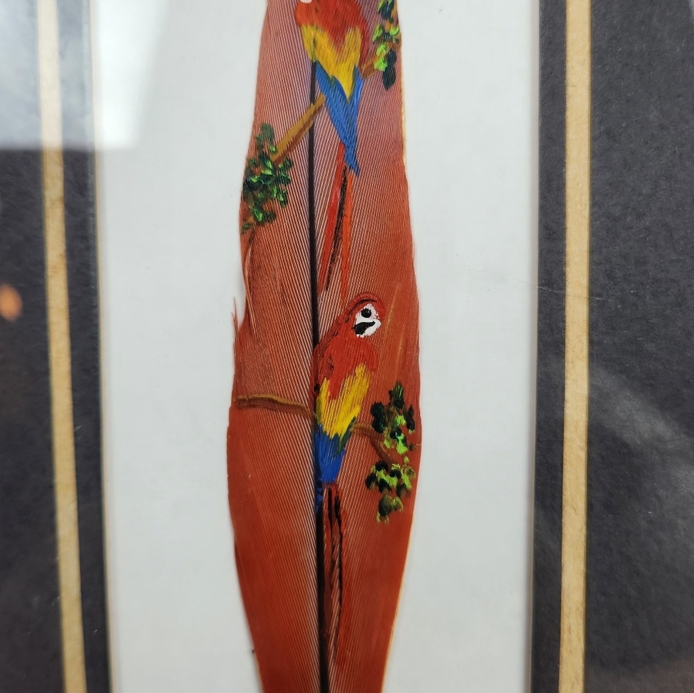 Costa Rica Hand Painted Feather Art Green PARROT Bird Lover Matted Framed 9x5 - Picture 2 of 6